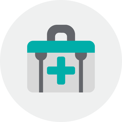 A medical kit with a blue cross on it and a gray handle on top.