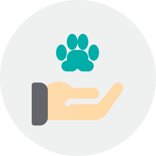 A stylized hand holding up a teal paw print.