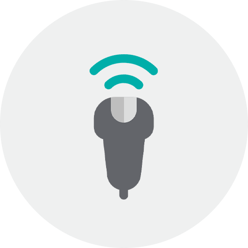 A gray computer mouse with teal curved lines above, symbolizing wireless connectivity.