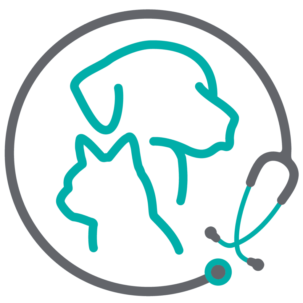 Outline of a dog and cat inside a stethoscope circle.