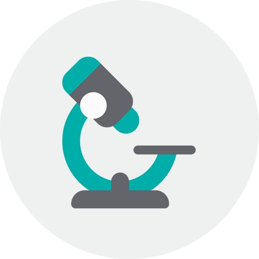 A stylized microscope icon with a teal and gray color scheme.