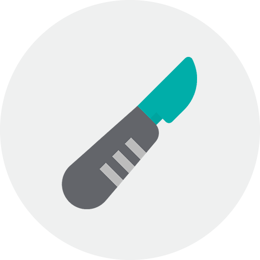 Illustration of a scalpel with a teal blade and a gray handle featuring three stripes.
