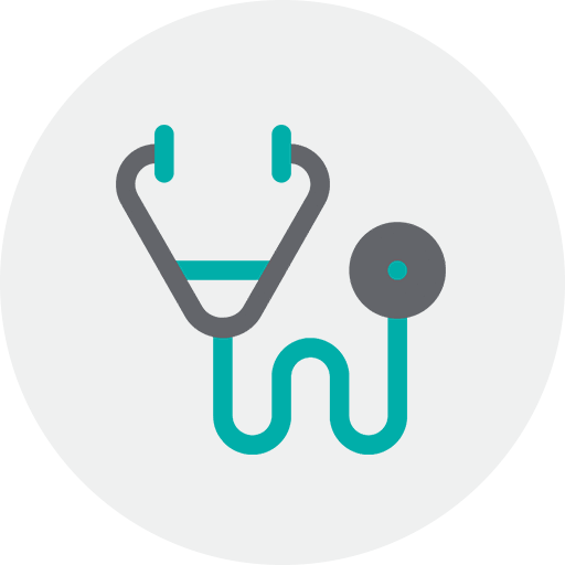 A stylized stethoscope icon with teal tubing and gray earpieces.