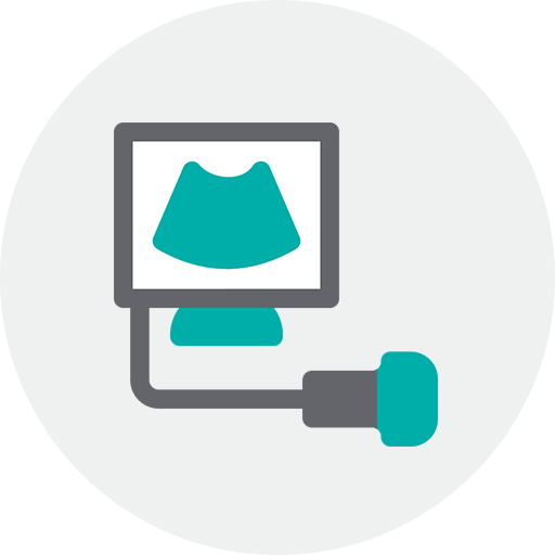 Ultrasound machine icon with screen and probe.